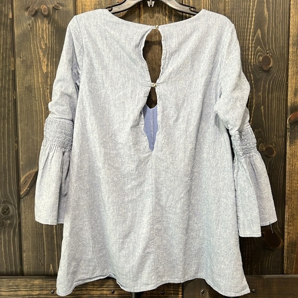 Free People Chambray Mini Dress Romper L Blue Mist Denim Look Boho Flare Sleeves - Picture 5 of 13